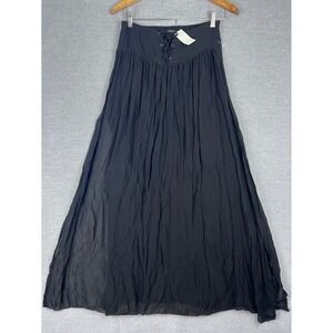 Arden B Vintage Black Crinkle Maxi Skirt Lace Up Front Sheer Y2K Made in France